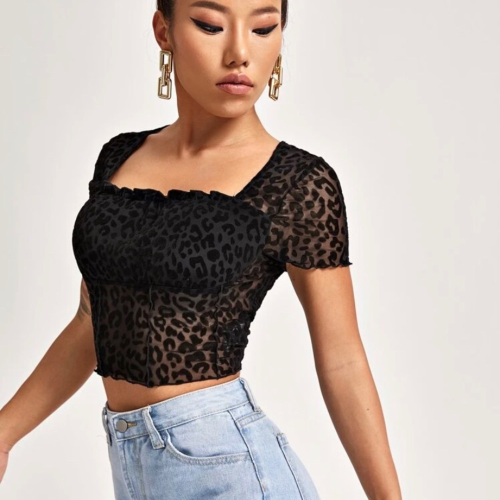 mesh leopard squat neck top